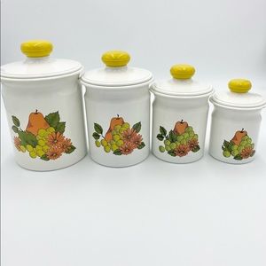 4 Vintage Kromex Aluminum Canister Set Fruit Floral Plastic Lids..